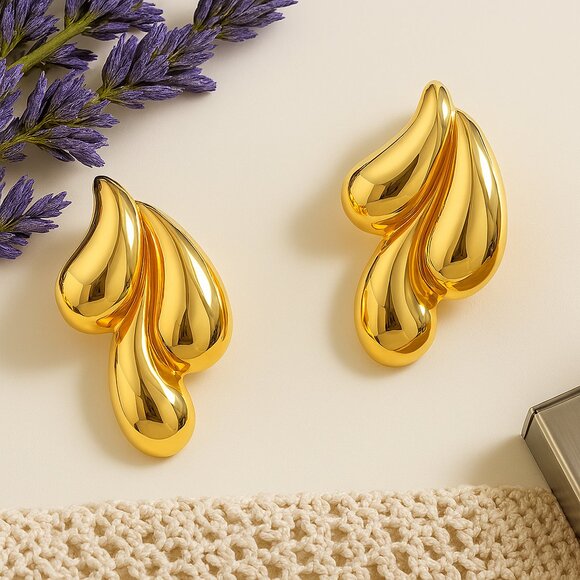 ๐๏ธ18K Gold Plated Stainless Steel Drop Earrings - Unique Teardrop Trendy Design - Picture 5 of 11